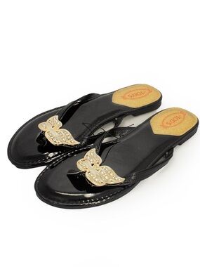 NW Tods Rubber Vinyl Black Jewelled Detail Thong Sandals